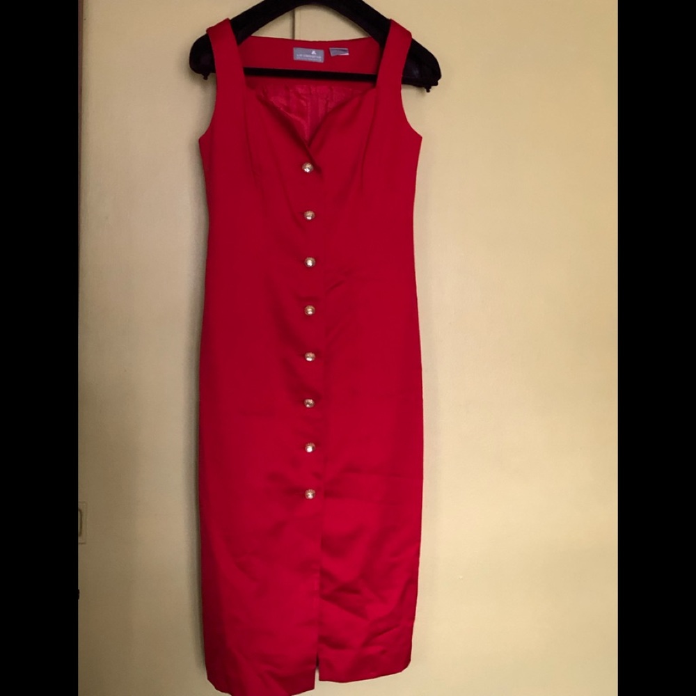 Red cocktail dress. Rhinestone buttons. Liz Claiborne. Sweetheart neck. Vintage - Picture 4 of 4